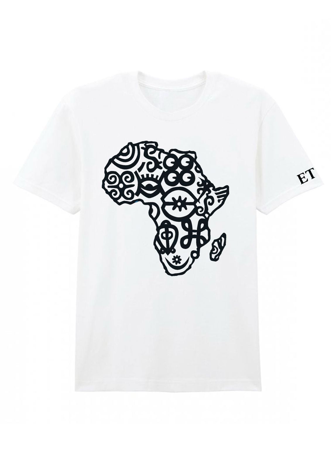 White t-shirt with a black African head design on a white background