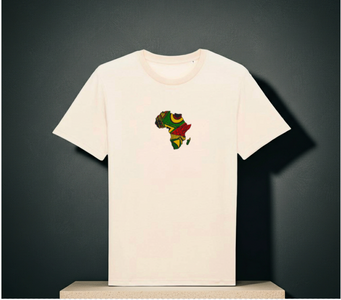White t-shirt with a colorful graphic design on a dark gray background