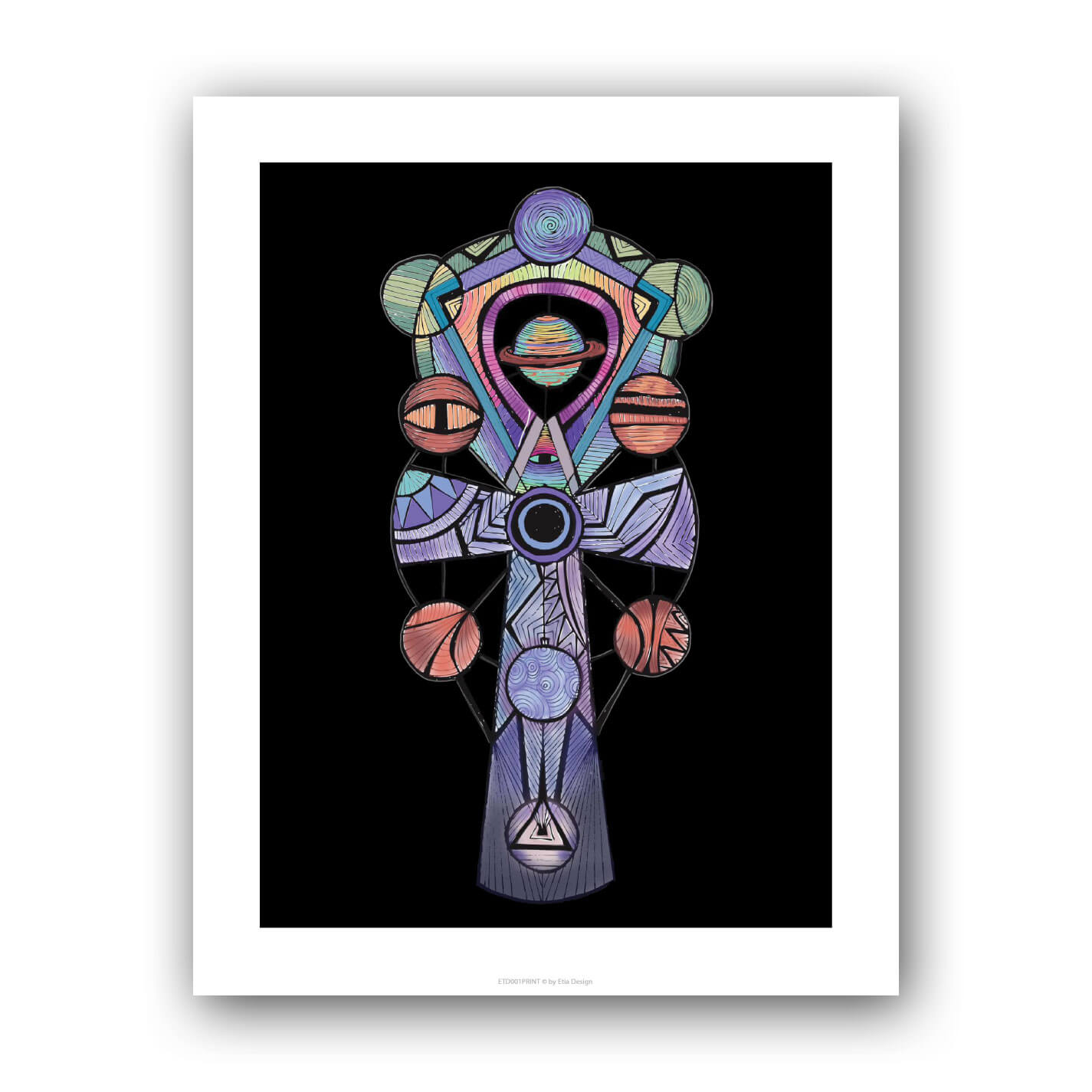 A digital print featuring a stylized, multicolored geometric figure on a black background, presented in a frame.