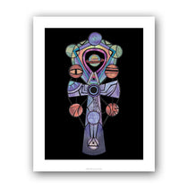 A digital print featuring a stylized, multicolored geometric figure on a black background, presented in a frame.