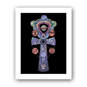A digital print featuring a stylized, multicolored geometric figure on a black background, presented in a frame.