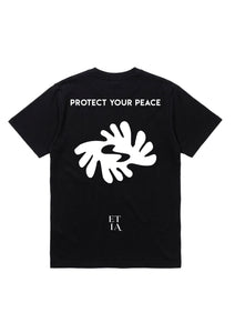 Black t-shirt with white text and design on a white background