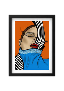 Artistic illustration of a person with a blue scarf and red lips on an orange background