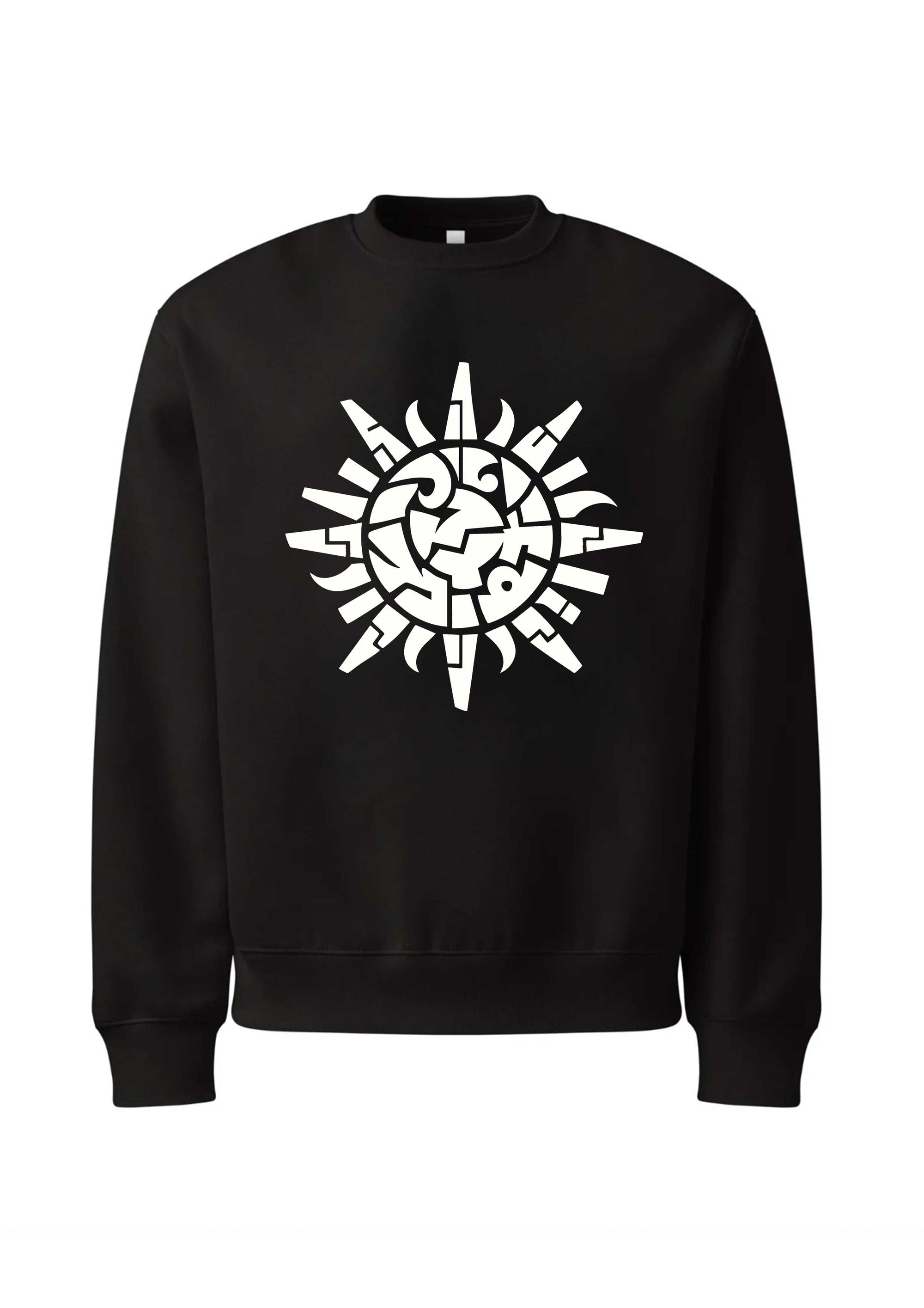 Black sweatshirt with a white geometric design on a white background