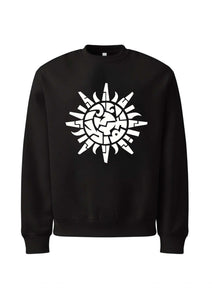 Black sweatshirt with a white geometric design on a white background