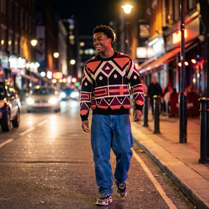Man walking on a city street at night wearing a patterned sweater and blue jeans.