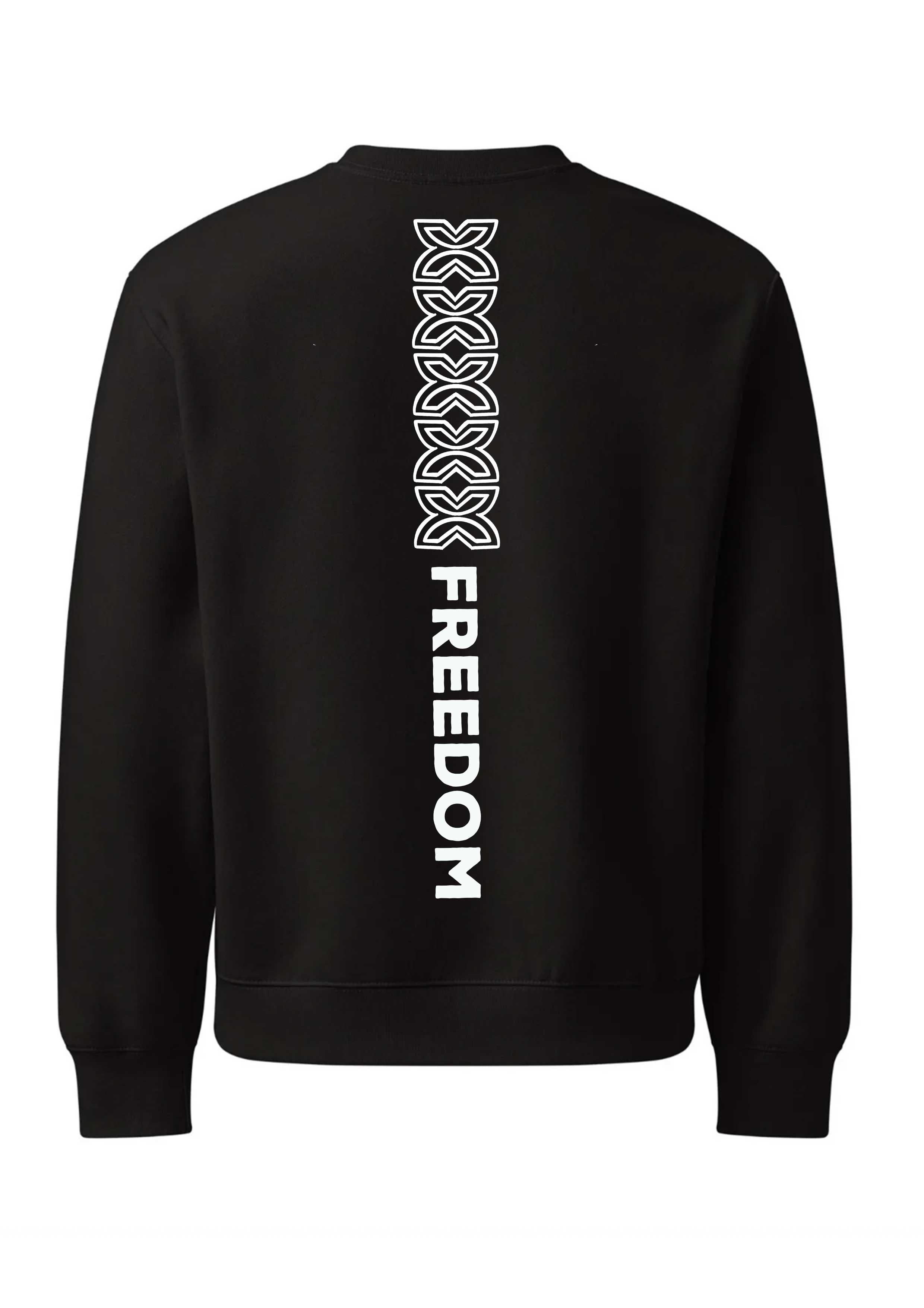 Black sweatshirt with white text and design on a white background