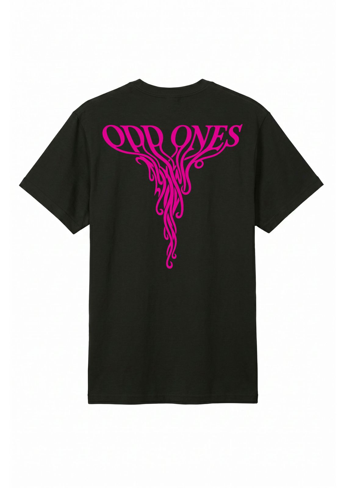 Front and back print oddones black T-shirt pink print.