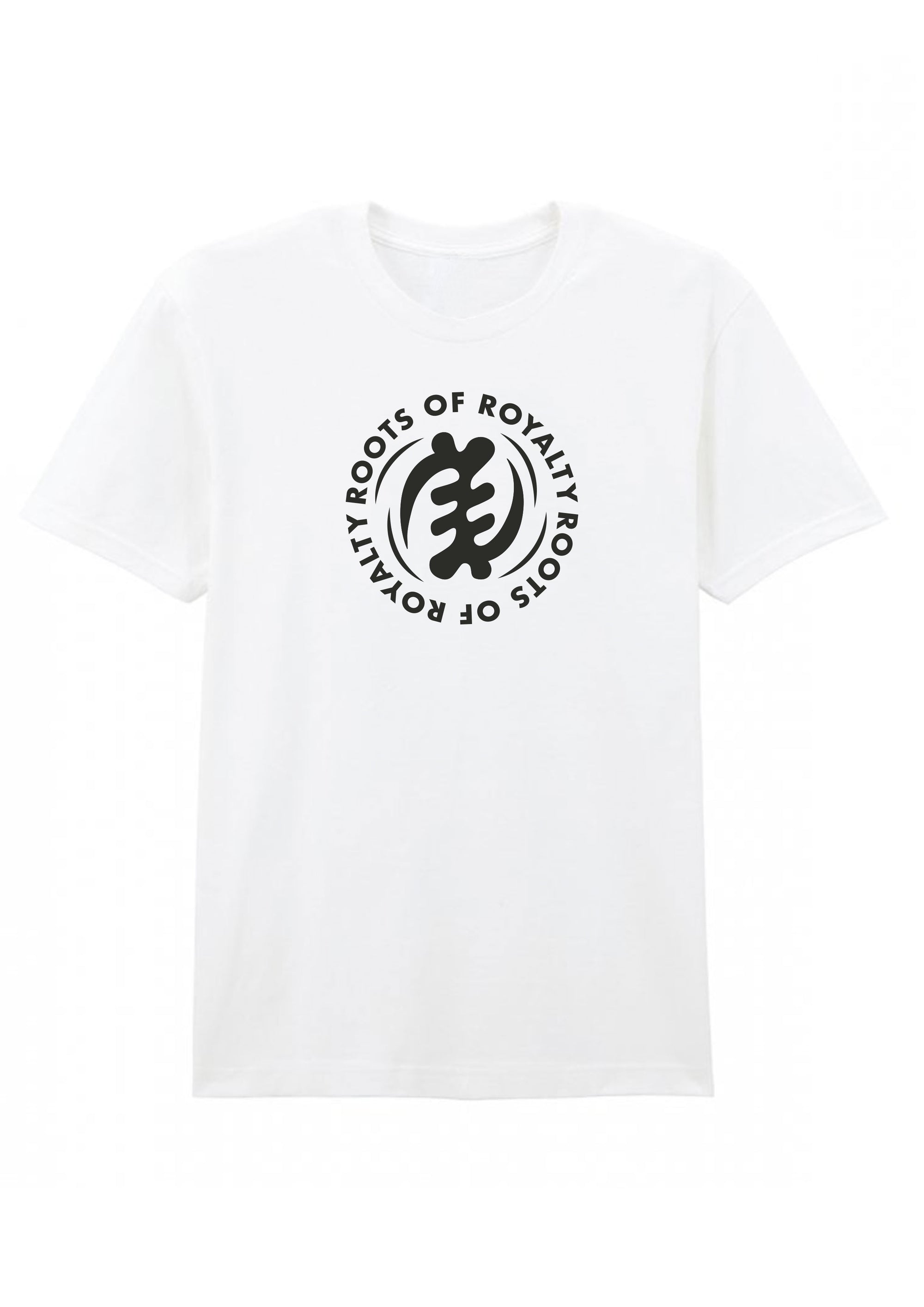 White t-shirt with black logo and text on a white background