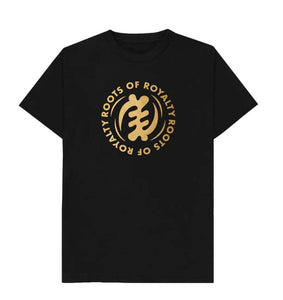 A green cotton T-shirt with a round neckline and short sleeves. The T-shirt features a front print with the text 'ROOTS OF ROYALTY' and a graphic design.