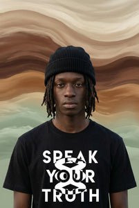 Person wearing a black t-shirt with 'Speak Your Truth' text against a wavy, multicolored background