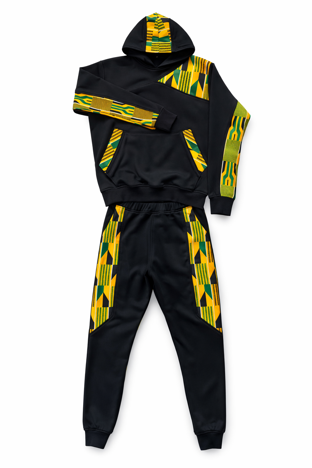 Black and yellow patterned tracksuit on a white background