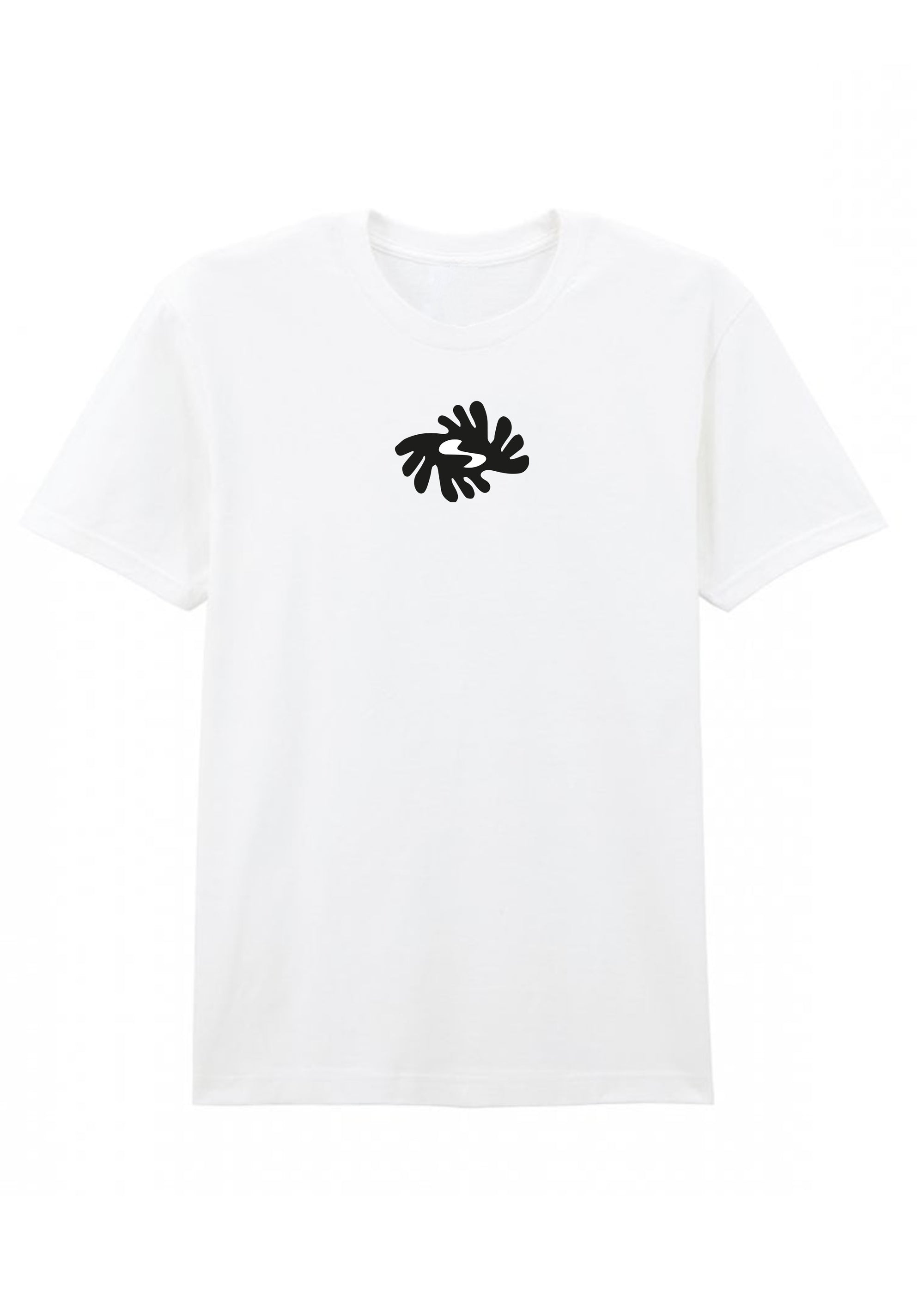 White t-shirt with a black abstract design on a white background