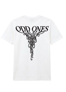 White t-shirt with black graphic design and 'Odd Ones' text on a white background