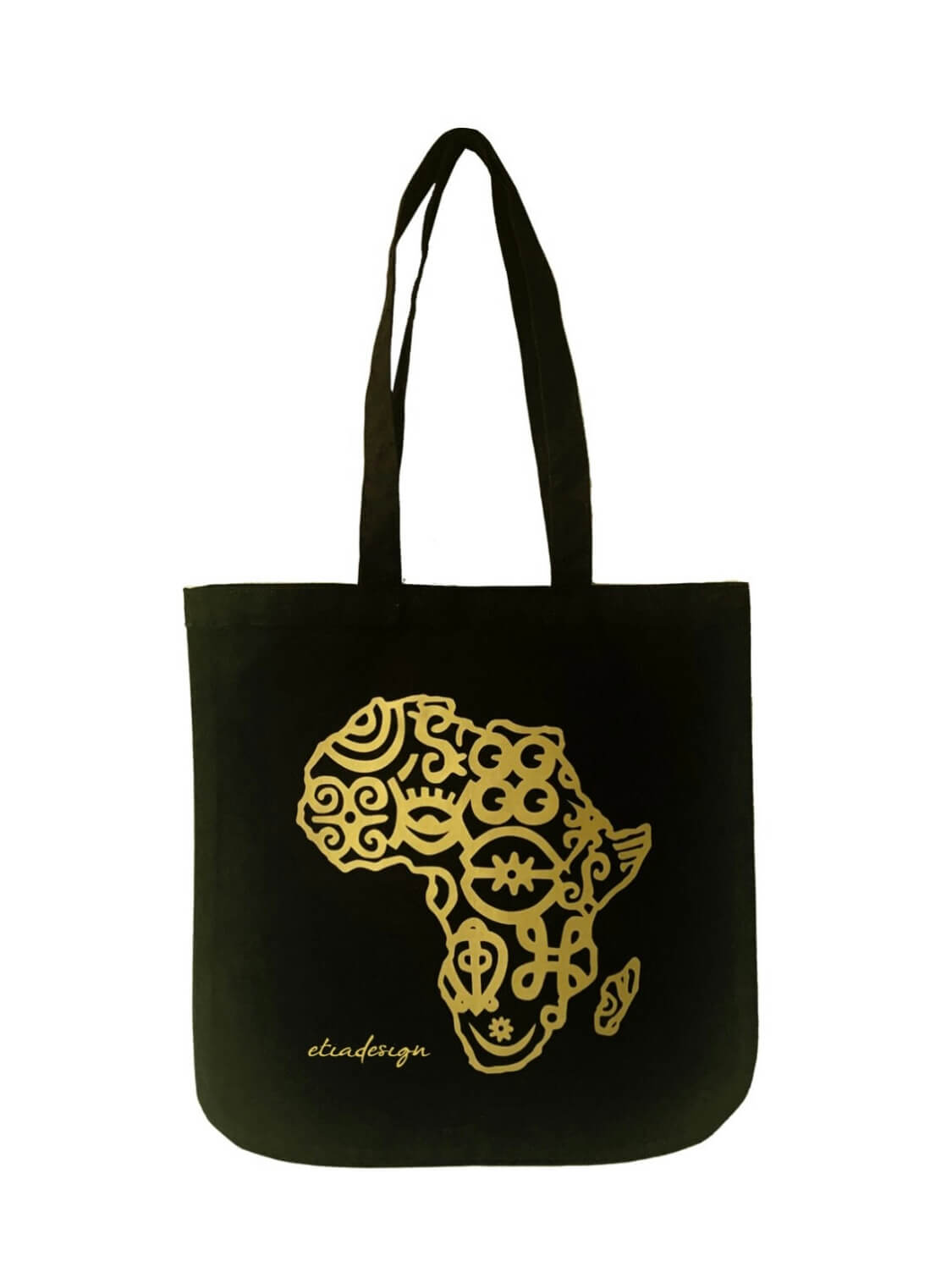 Black cotton tote bag with a gold Africa map outline design and the brand name 'Adinkra' printed on the front.