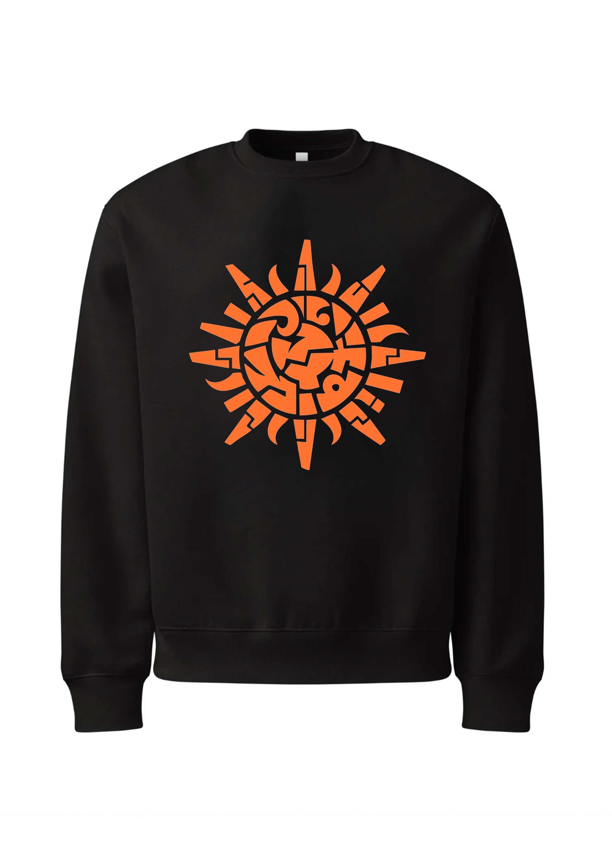 Black sweatshirt with an orange sun design on a white background