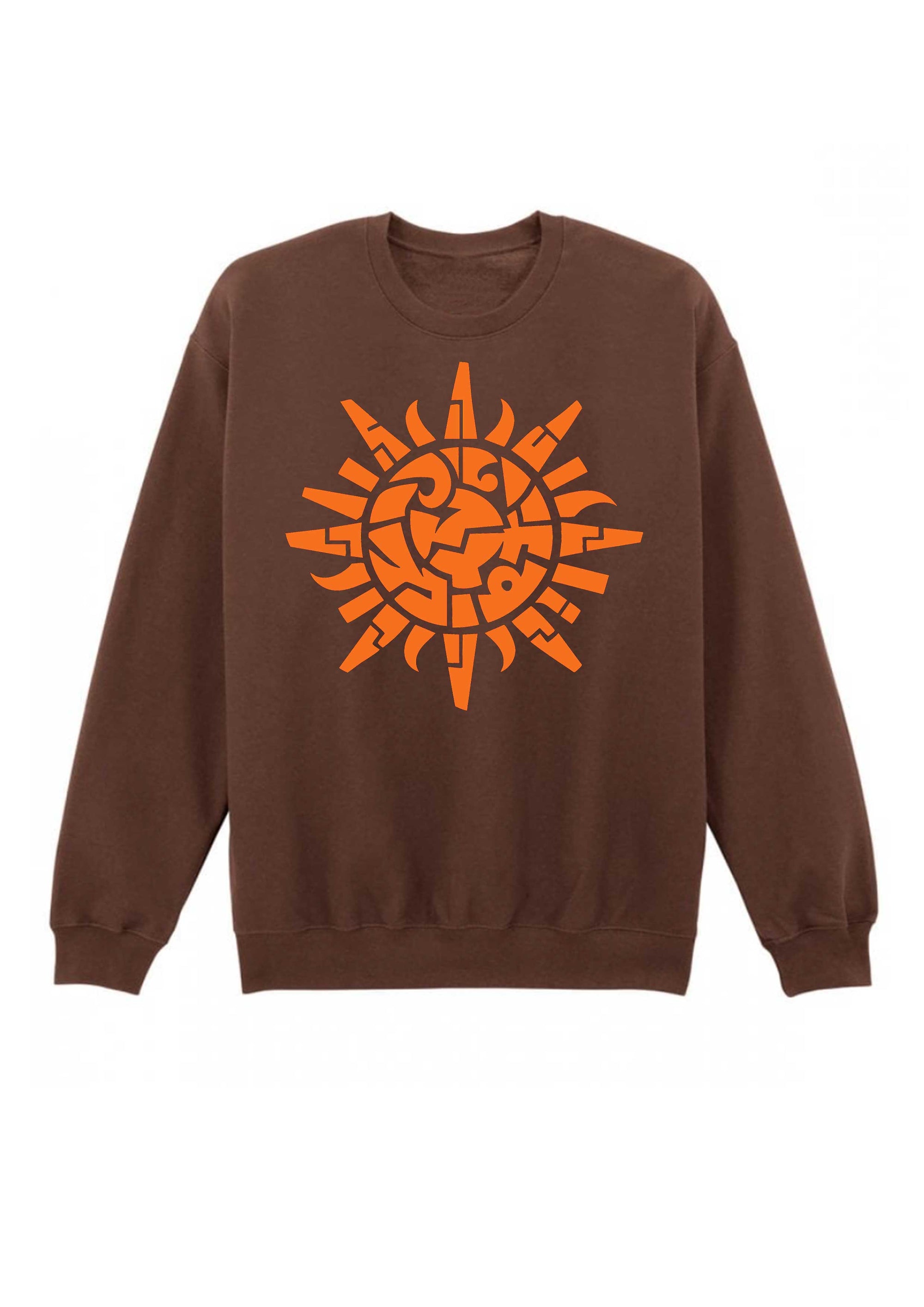 Brown sweatshirt with an orange sun design on a white background