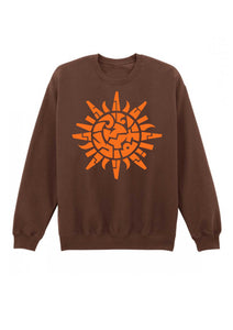 Brown sweatshirt with an orange sun design on a white background