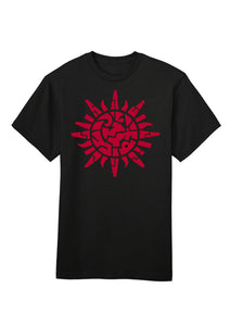 Black t-shirt with a red sun-like symbol on a white background