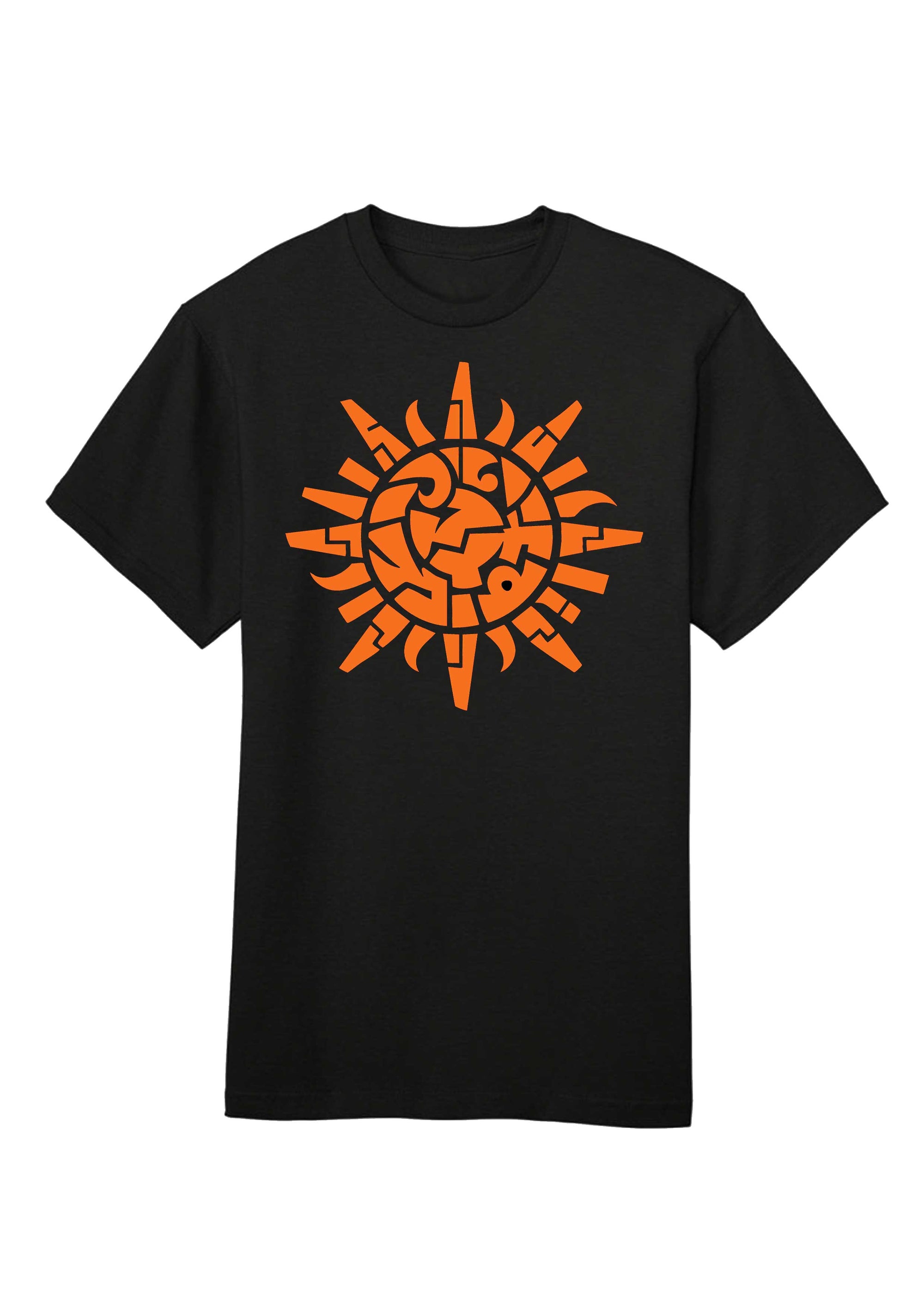 Black t-shirt with orange sun design on a white background