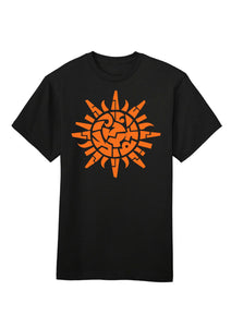 Black t-shirt with orange sun design on a white background