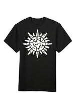 Black t-shirt with a white geometric design on a white background