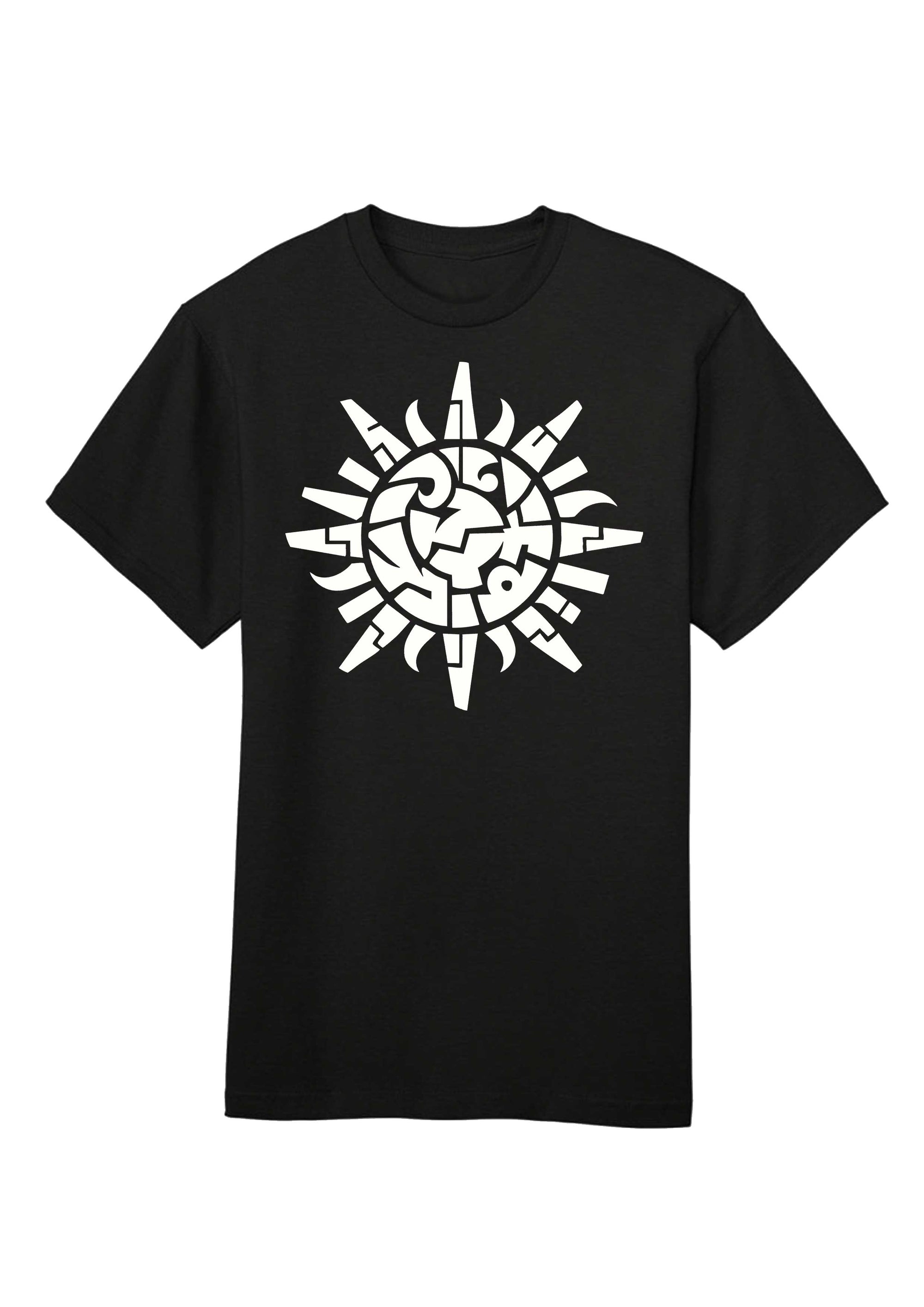 Black t-shirt with a white geometric design on a white background