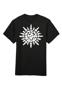 Black t-shirt with a white geometric design on a white background