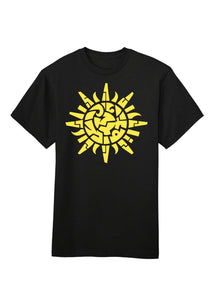 Black t-shirt with a yellow sun design on a white background