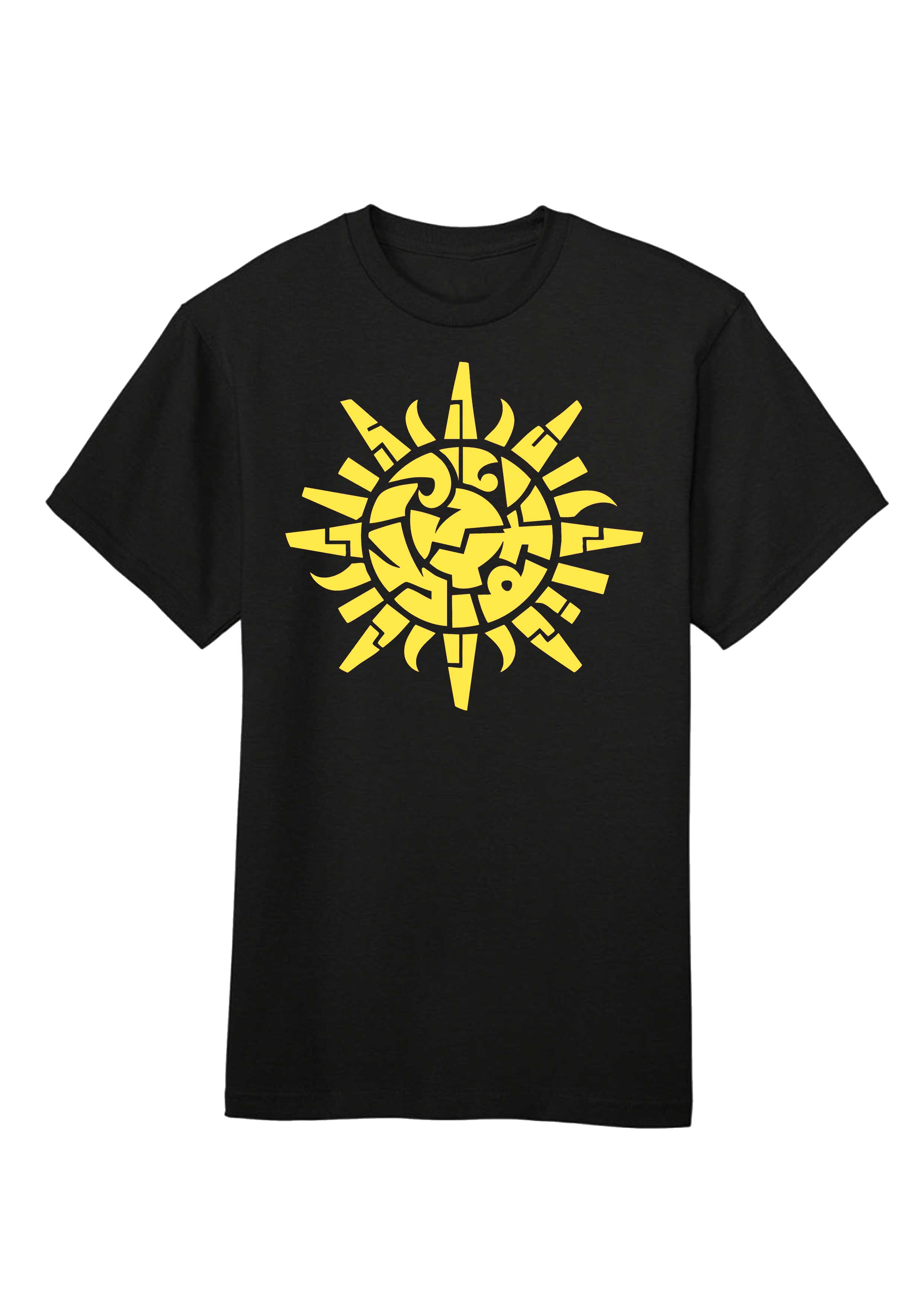 Black t-shirt with a yellow sun design on a white background