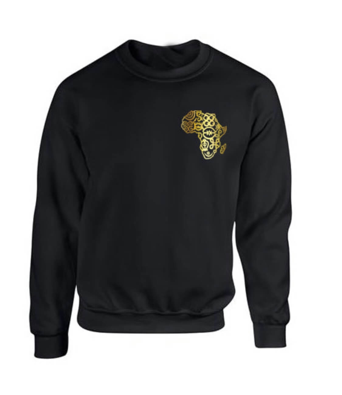 Black unisex sweatshirt with a gold Adinkra symbol representing Africa's map on the back.