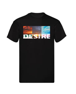 A black organic premium fitted unisex cotton T-shirt with a digital print featuring the word 'desire' in stylized text.