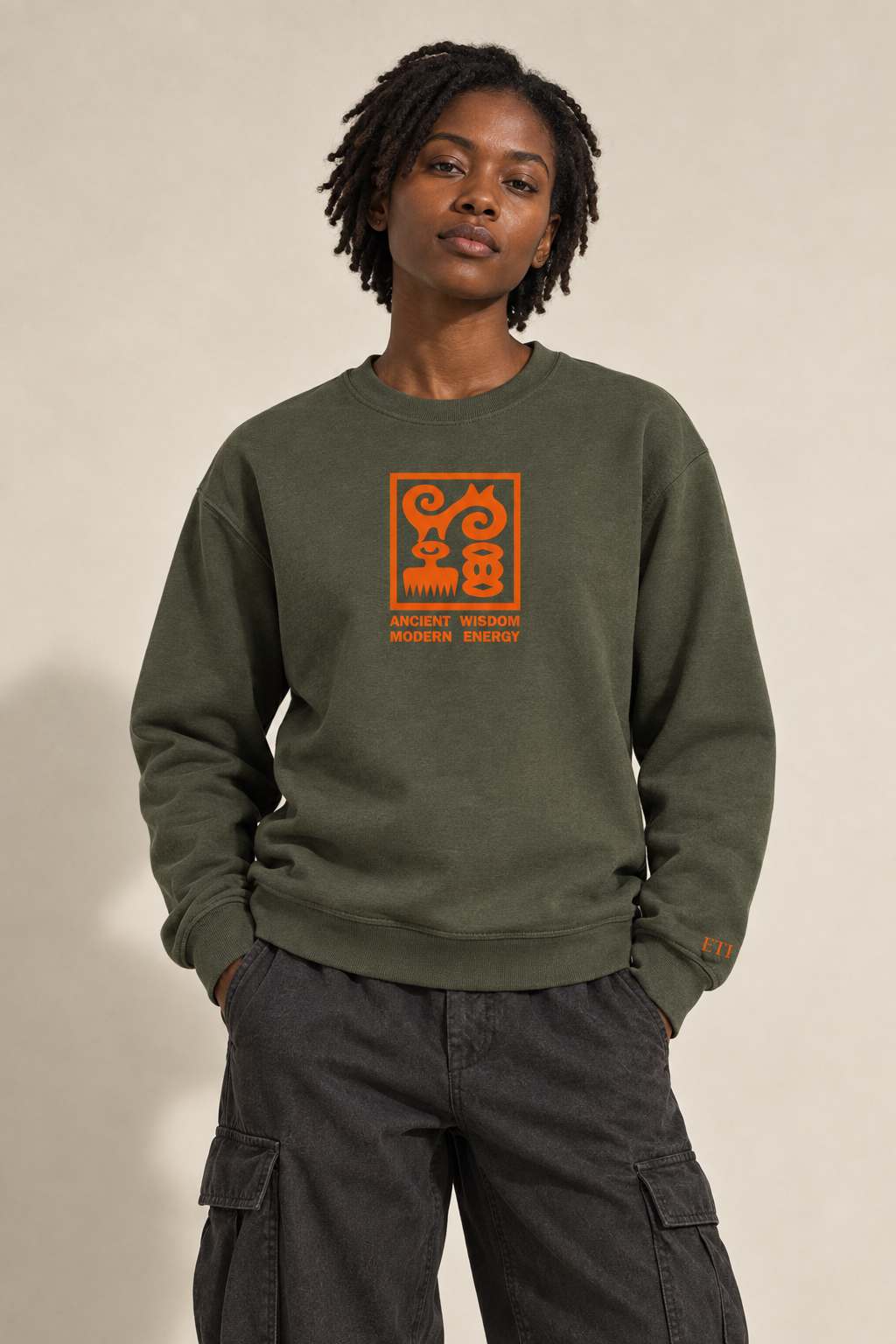 Olive-and-orange Ancient Wisdom sweatshirt preview
